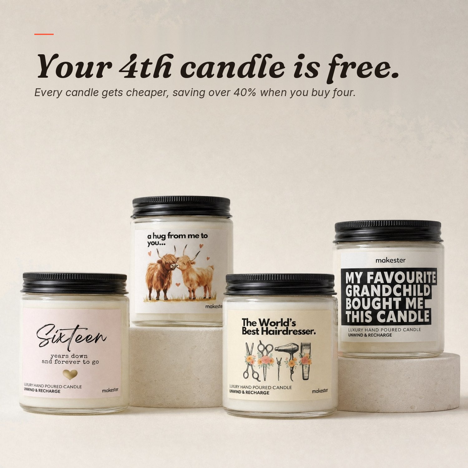 Your 4th candle is free — every candle gets cheaper, over 40% off when you buy four