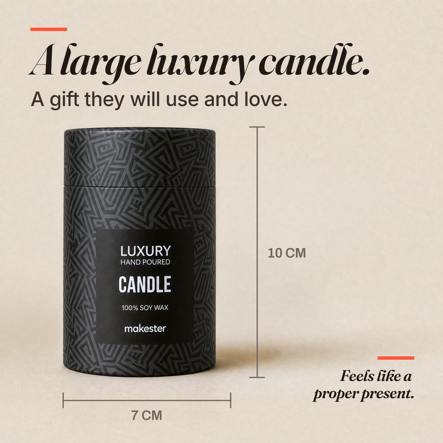 A large luxury candle, 10cm tall and 7cm wide